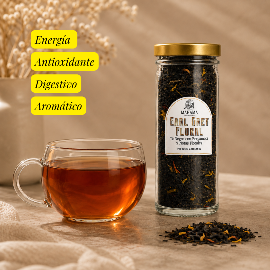 Frasco de Earl Grey Floral Mahama servido en taza — té negro con bergamota y notas florales
