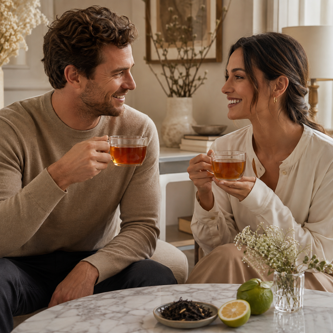 Pareja compartiendo dos tazas de té Mahama en casa, ritual de infusión artesanal