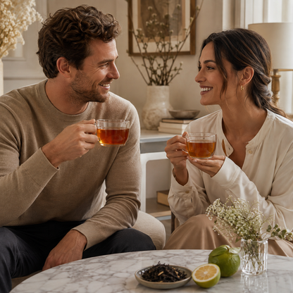 Pareja compartiendo dos tazas de té Mahama en casa, ritual de infusión artesanal