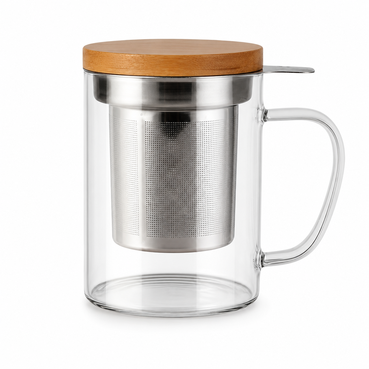 Taza de vidrio borosilicato 400 ml con infusor acero inoxidable y tapa bambú Mahama
